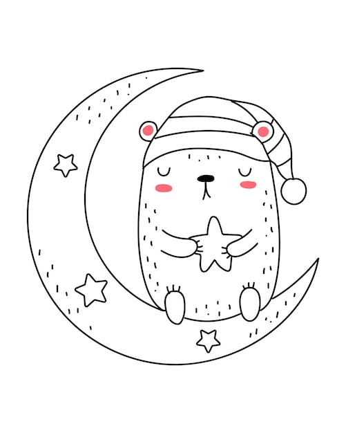 Disegno a tratteggio vettoriale simpatico orso con luna e stelle doodle illustrazione