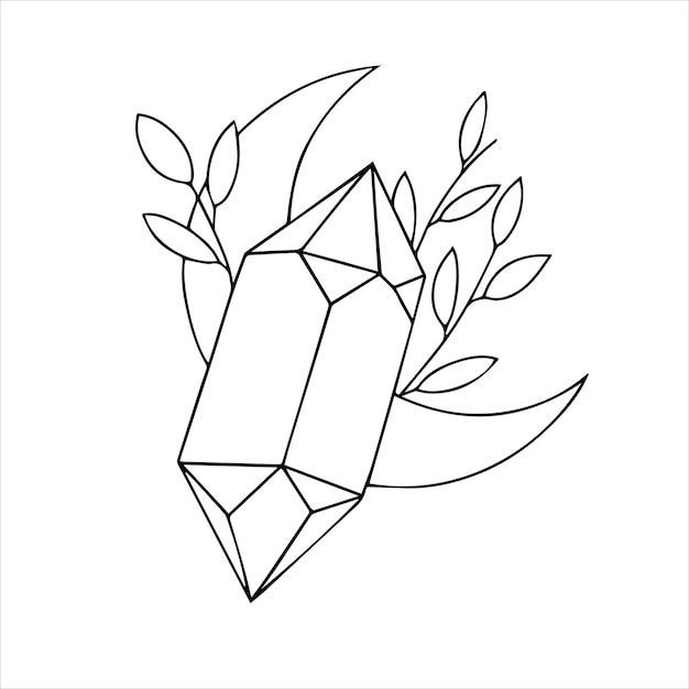 vector line drawing graphic mystical esoteric composition crystal moon and leaves celestial