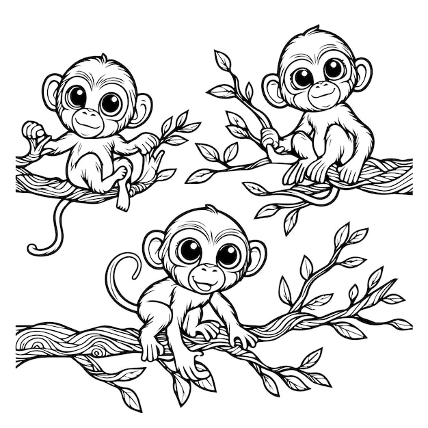 Vector line drawing of a group of monkeys in black and white