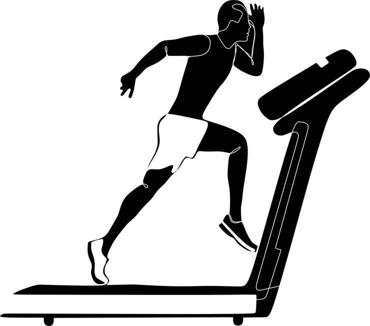 Vector vector line drawing of a man running on a treadmill in black and white colors