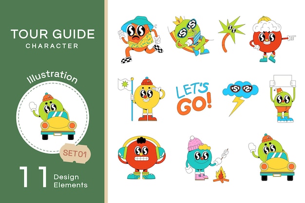 Vector line filled Tour guide character Set1