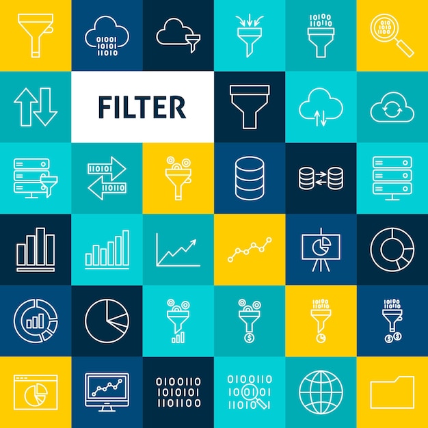 Vector line filter icons. thin outline business symbols over colorful squares.