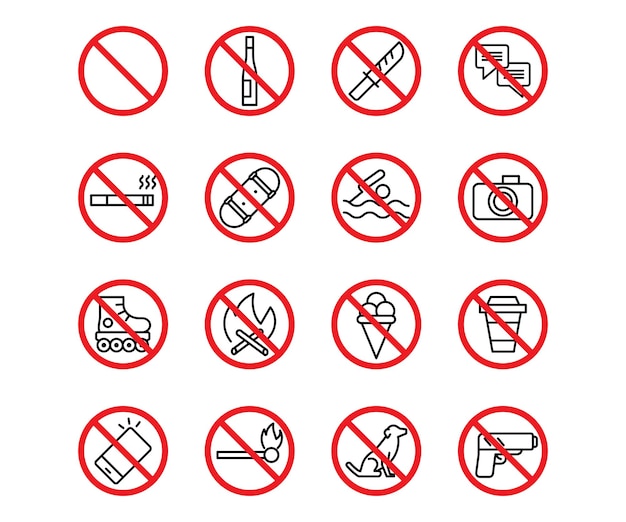 Vector vector line icon set forbidden sign outline stroke design in red circle