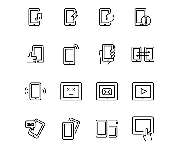 Вектор Набор значков векторной линии для мобильных устройств. символ контура технологии и знак связи.