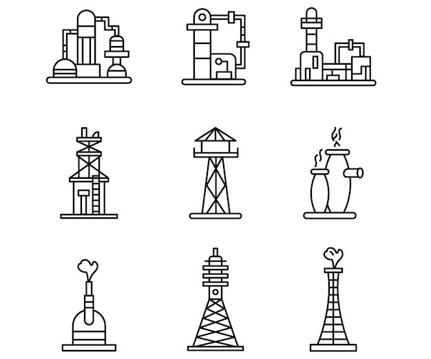 ベクトル ベクトルラインアイコンセット 石油産業の建物 工場工学シンボルと概要製造