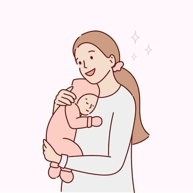 母と乳児のベクトル線イラスト