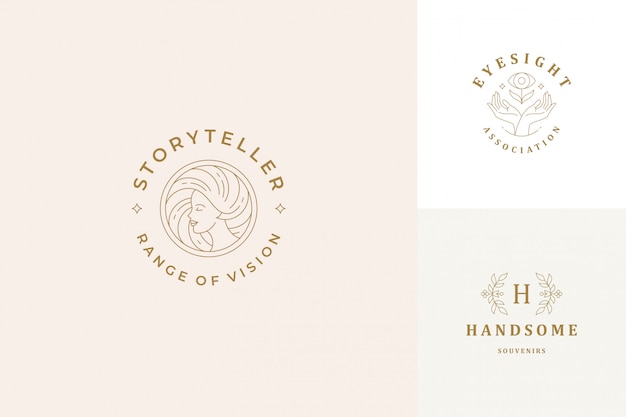 Vector line logos emblems design templates set - female face and gesture hands illustrations simple minimal linear style