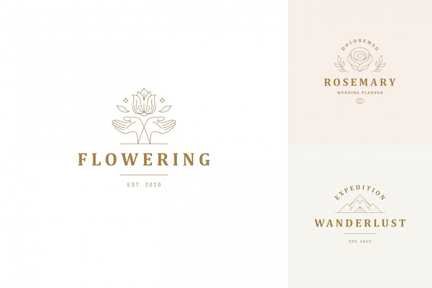 Vector vector line logos emblems design templates set - female gesture hands and rose flower illustrations