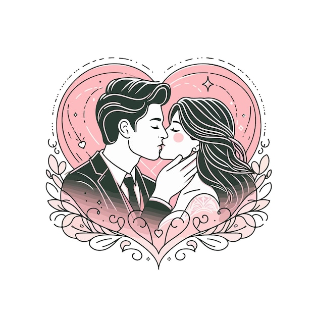 男性と女性がキスしているベクトルライン バレンタインのデザイン