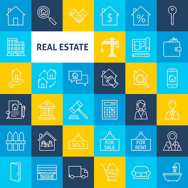 Vector Line Real Estate Icons. Thin Outline House and Building Symbols over Colorful Squares.