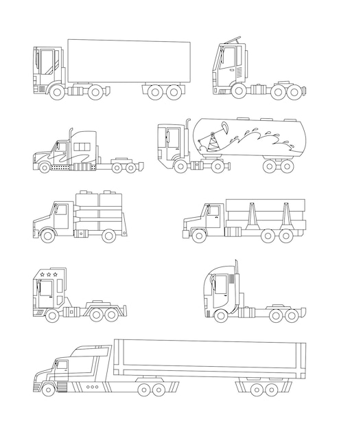 Disegno della linea vettoriale camion e rimorchi su sfondo bianco