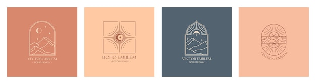 Vector lineaire bohemian emblemen met berglandschappen zon en lucht conceptReislogos met bergen of woestijn duinen zon maan en sterrenModerne bohemian iconen of symbolen in oosterse stijlBranding design