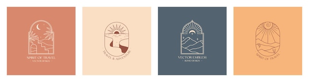 Vector lineaire boho-emblema's met abstracte berglandschappen Reislogo's met bergen of woestijnduinen kliffen kusten crescent moonstars en sunburst Moderne reisiconen of symbolen