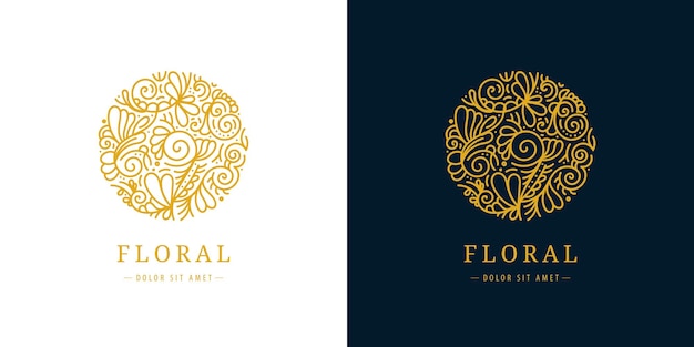 Vector lineaire plant logo Cirkel luxe organische embleem Abstracte badge voor natuurlijke producten bloemenwinkel cosmetica ecologie concepten health spa yoga centrum Bladeren en bloemen pictogram