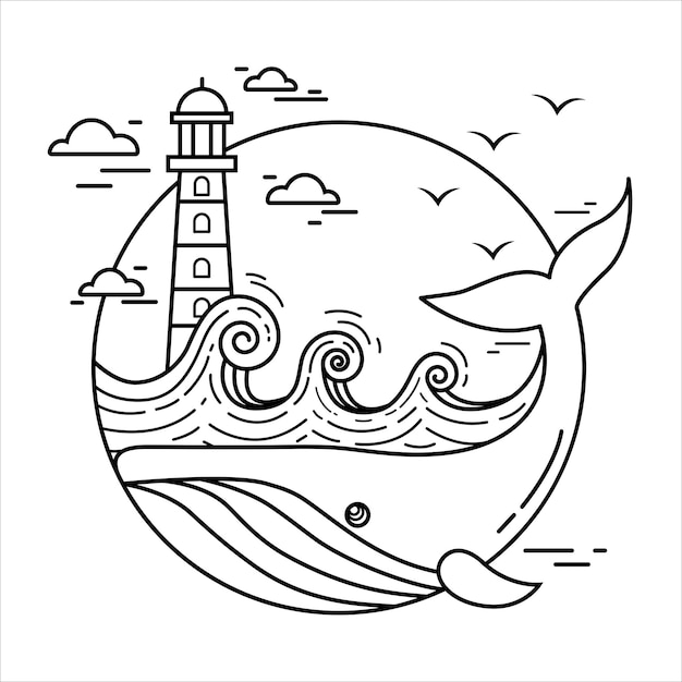 Vector lineaire tekening van een zeelandschap. Marine kleurenthema voor kinderen met een walvis.