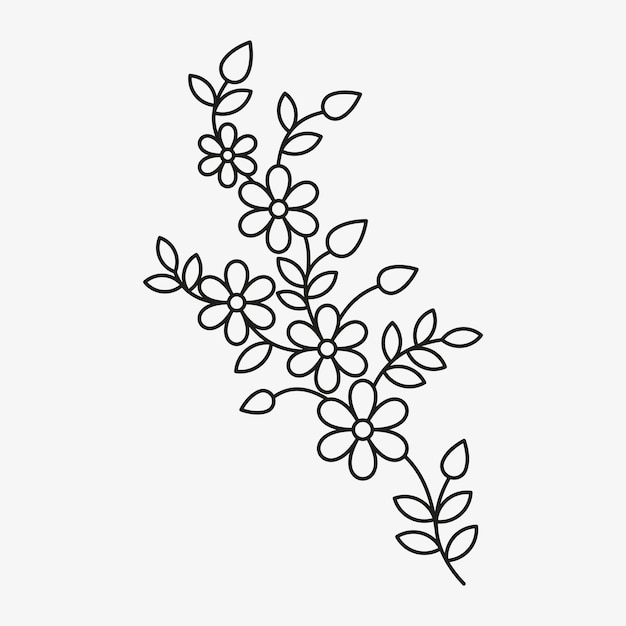 Vector vector linear black and white illustration of spring flowers with a leaf