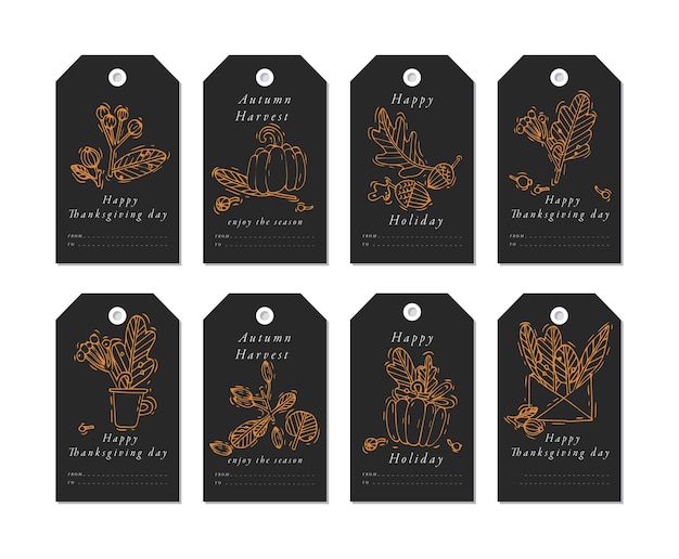 Vector linear design harvest festival greetings elements. fall tags set with typography and colorful icon.