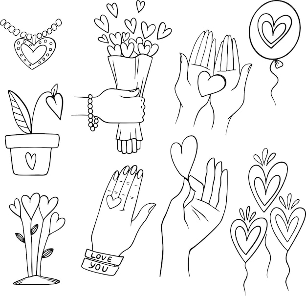 Vector vector linear drawing hands hearts love bouquet gift