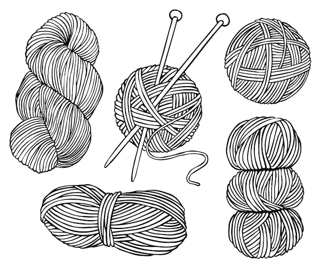 Векторный линейный рисунок на тему вязания шара из шерстяного мотка спицами каракули