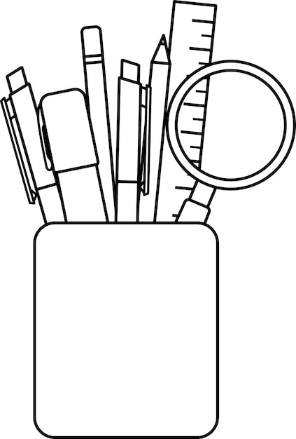 Vector linear illustration of stationery in a glass school and office supplies back to school doodle and sketch