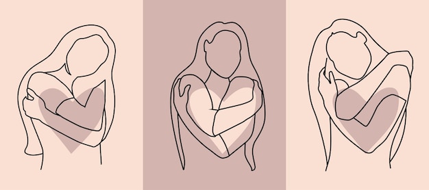 Vector linear illustration of women the woman hugs herself hugs minimalistic womanline art logo