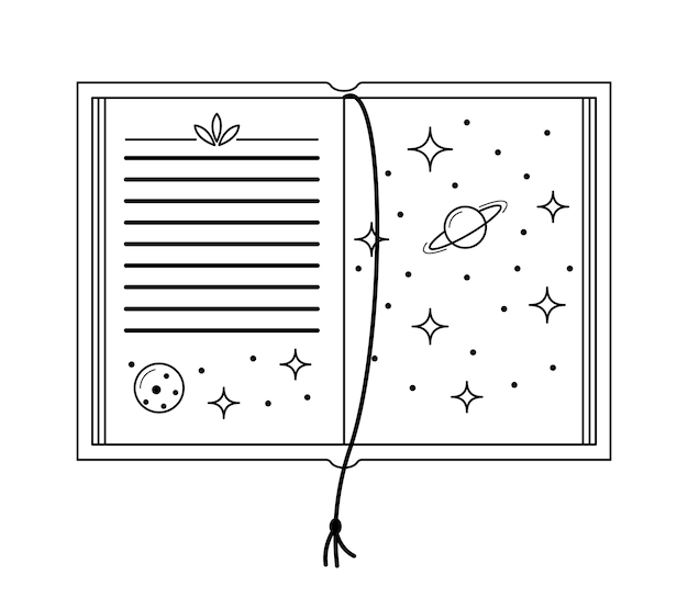 Vector linear opened book with outter space illustration Isolated outline textbook of astrology on white