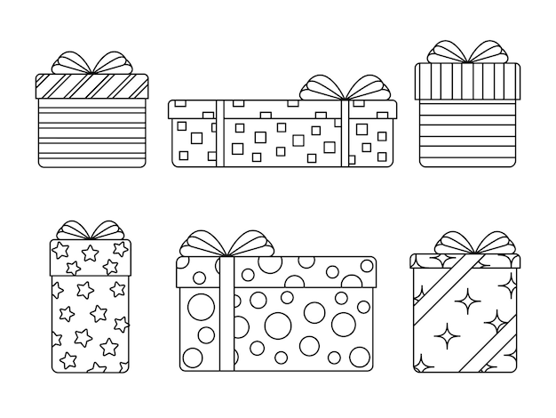 Vector linear set of gift boxes for coloring page Isolated outline presents collection on white