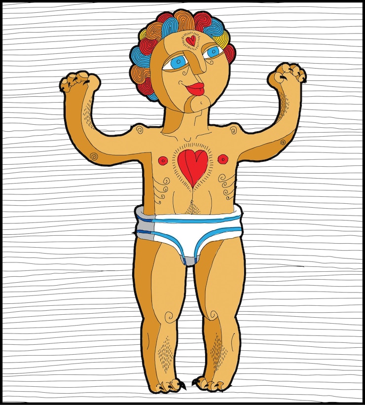Vector vector lined illustration of nude man, adam. hand drawn art image of person isolated on white symbolizing love and goodness. anthropomorphic character.