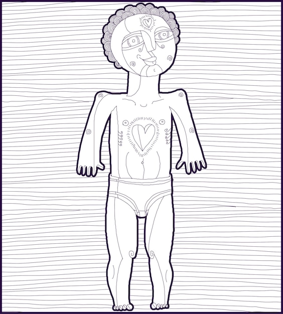 Vector vector lined monochrome illustration of nude man, adam concept. hand drawn image of person isolated on white symbolizing love and goodness.