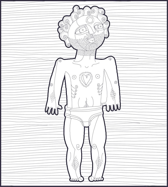 Vector vector lines illustration of nude man, adam concept. hand drawn black and white  image of person symbolizing love and goodness.