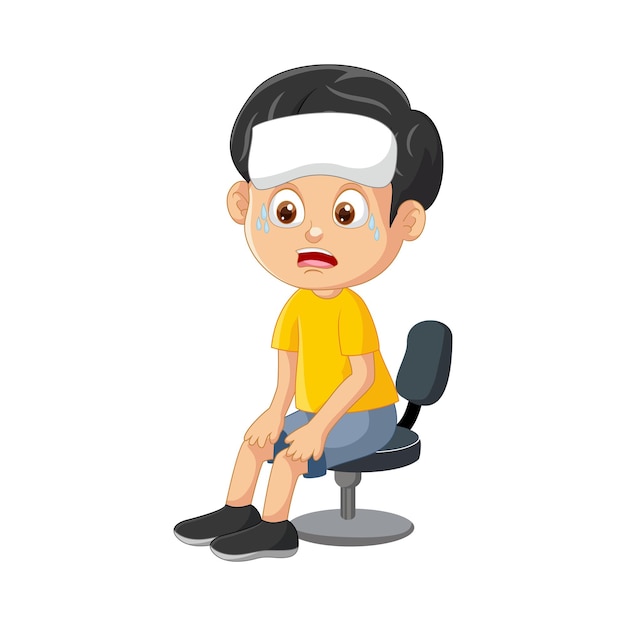 Вектор маленький мальчик болен лихорадкой, сидя на стуле