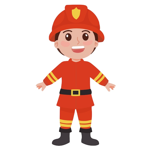 Vector of little boy wearing firefighter suit with helmet and boots illustration