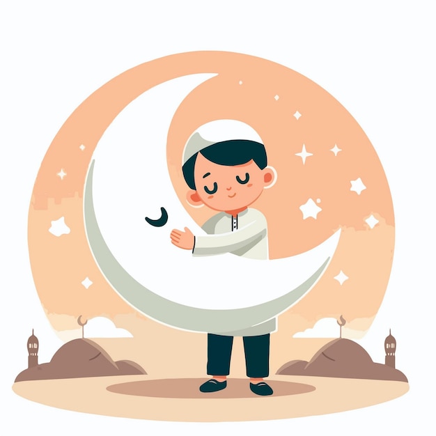 vector little muslim boy sitting on the moon cartoon icon vector illustration religious