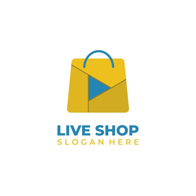 Vector live shop logo play symbol combination with shopping bag yellow and blue colors