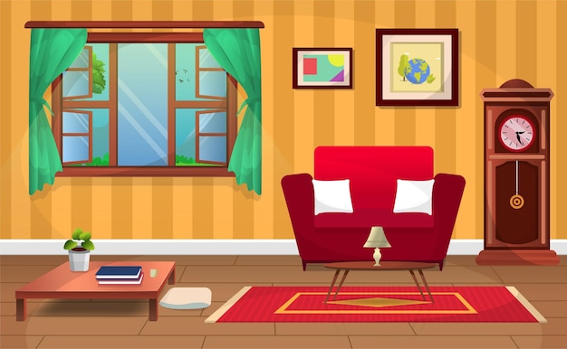 Vector living room interior with big windows, sofa, armchair with old style pendulum clock.