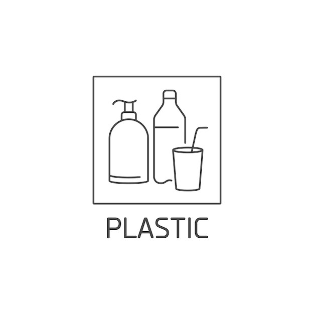 プラスチック廃棄物のベクトルのロゴ、バッジ、アイコン。再利用可能な製品サインデザイン。ごみの並べ替えのシンボル。