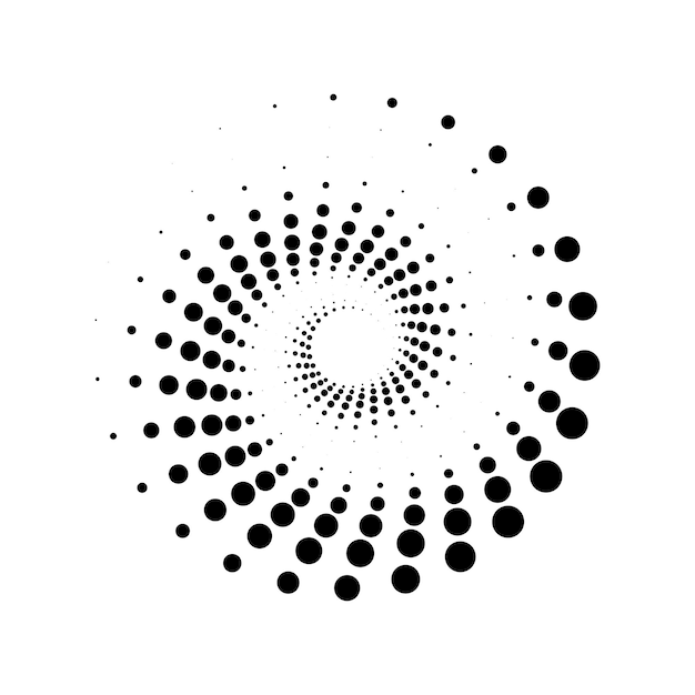 Vector logo of black dotted spiral vortex. Swirl pattern dots symbol design.