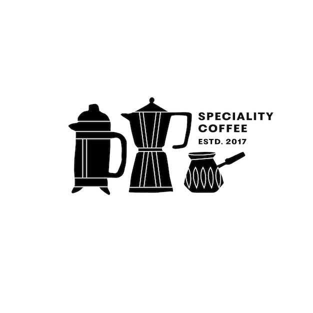 Vector logo for coffee shop with Turkish coffee pot french press and geyser coffee maker Emblem for coffee house or coffee shop