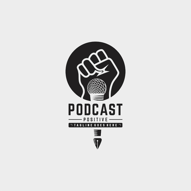 vector logo composed using a muscular arm and a microphone. podcast abstract symbol.