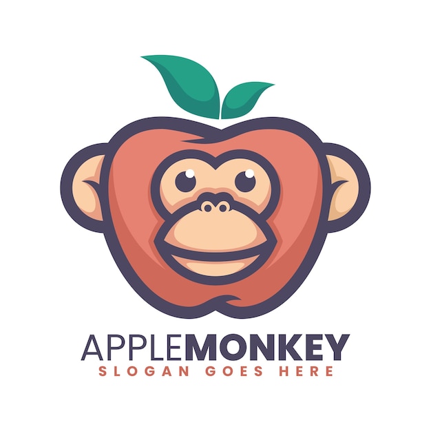 Vector Logo Illustration Apple Monkey Mascot Cartoon Style