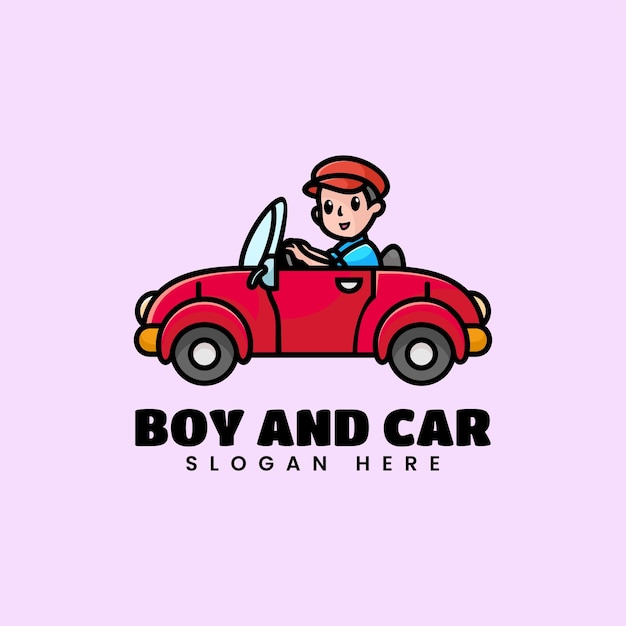 Vector logo illustration boy and car mascot cartoon style