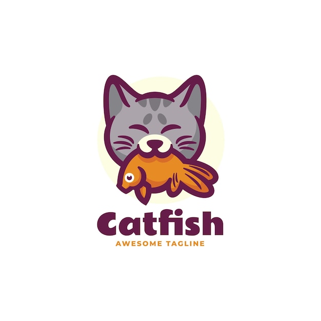 Vector Logo Illustration Cat Fish Mascot Cartoon Style