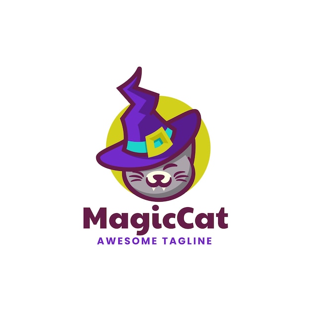 Illustrazione del logo vettoriale stile cartone animato mascotte gatto magico