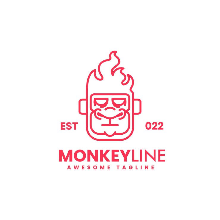 Vector Logo Illustration Monkey Flame Simple Line Art Style.