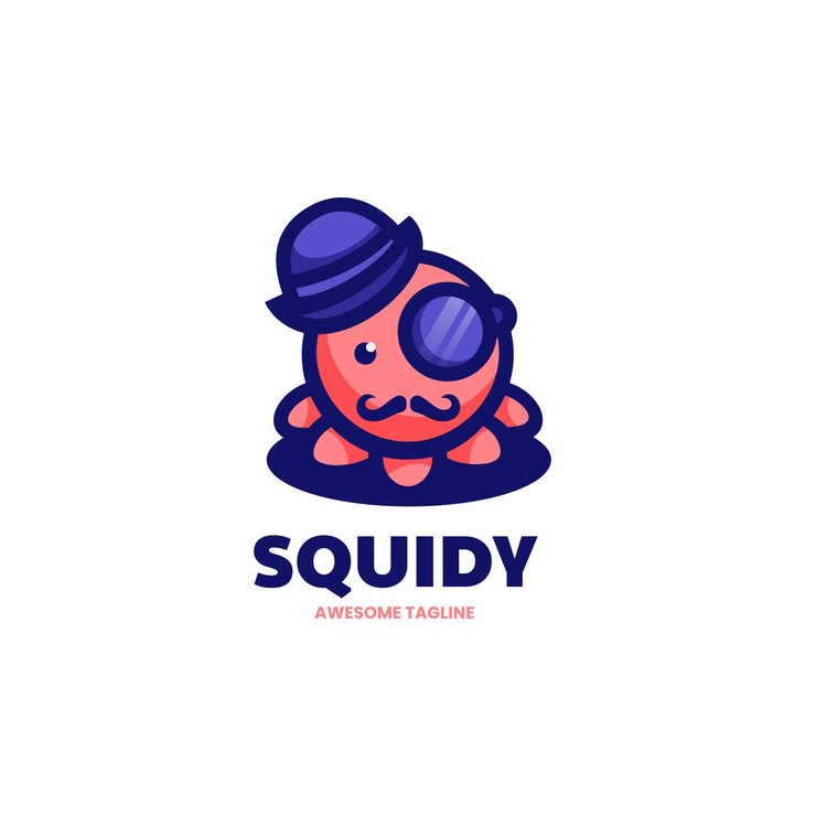 Vector Logo Illustration One Eye Sunglasses Squid Simple Mascot Style.
