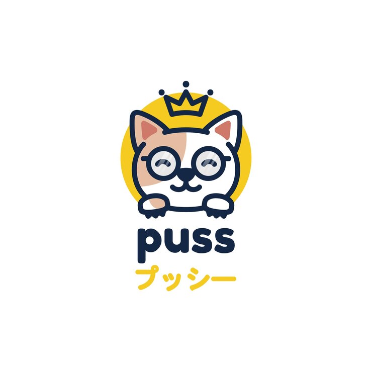 Vector Logo Illustration Puss Cat Simple Mascot Style.