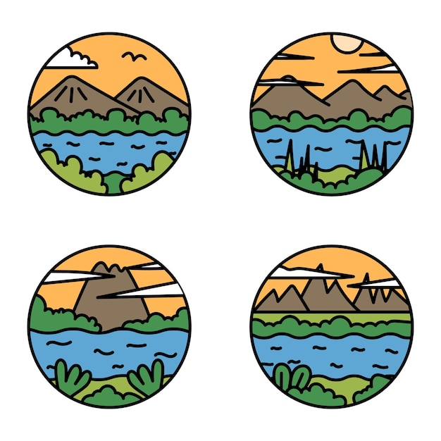 Vector vector logo illustration simple cute and modern of nature beach and mountain in the shape of a circl