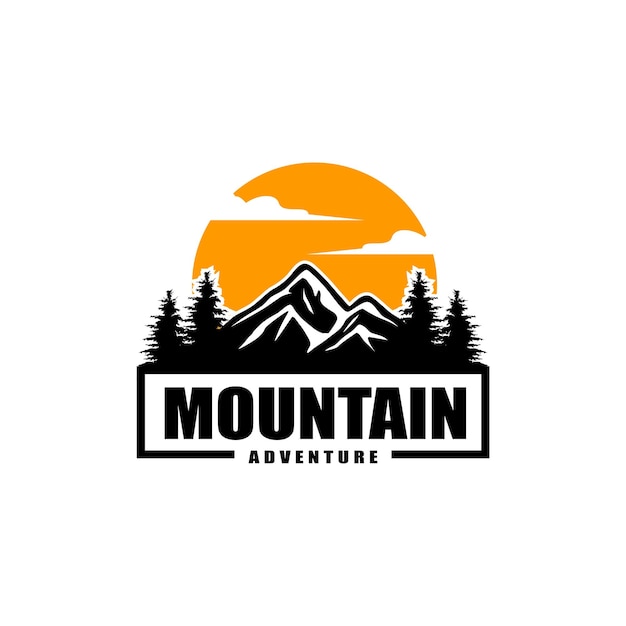 vector logo mountain pijnboom avontuur zonsondergang illustratie