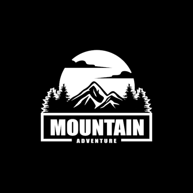 vector logo mountain pine tree adventure sunset silhouette black background