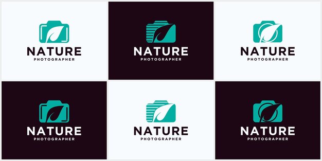 Logo vettoriale per fotografo amante della natura, design del logo della foglia vettoriale della fotocamera, simbolo della fotografia naturalistica